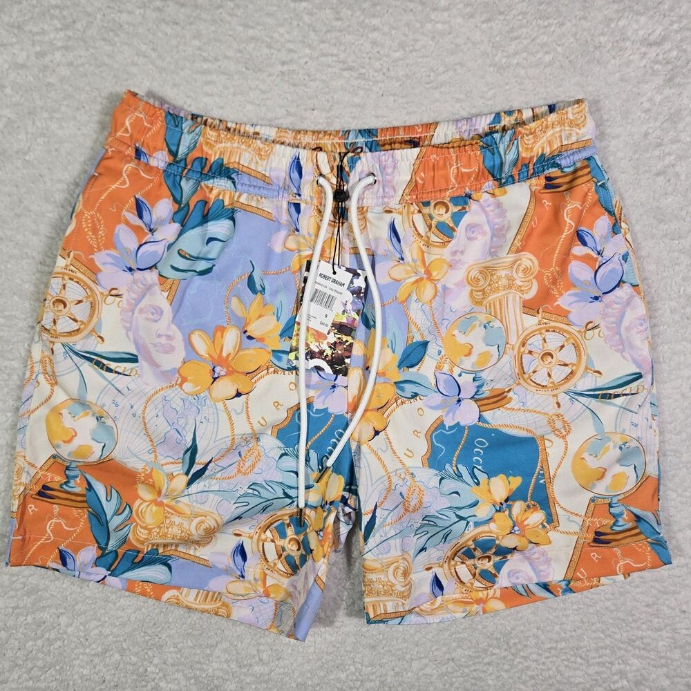Robert Graham Swim Trunks Mens Small Gold Treasure 5" Inseam Lined Shorts S